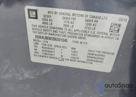 2013 Chevrolet Equinox Ls z USA, uszkodzony, nr VIN 2GNALBEK5D6301045